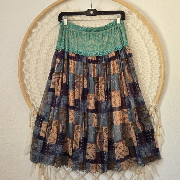 Vtg Y2K Bohemian Gypsy Patchwork Paisley Design Sheer Lace Midi Pull-on Skirt - Picture 2 of 10